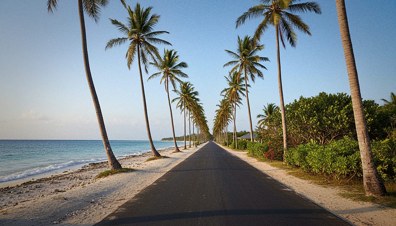 Route côtière de Zanzibar bordée de palmiers au départ de l'aéroport